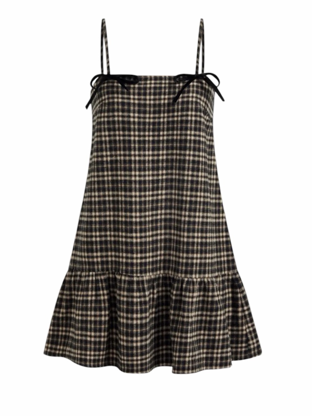 Cider Square Neck Check Ruffle Bowknot Babydoll Mini Dress Plaid Tan, Black XXS